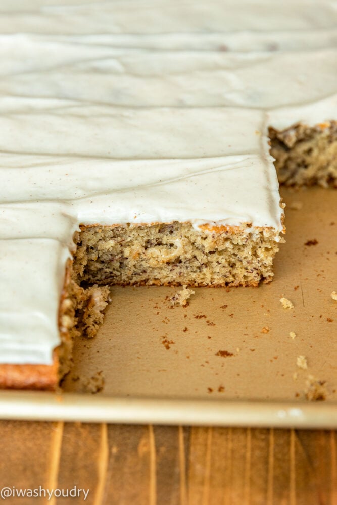 sliced banana cake with cream cheese frosting