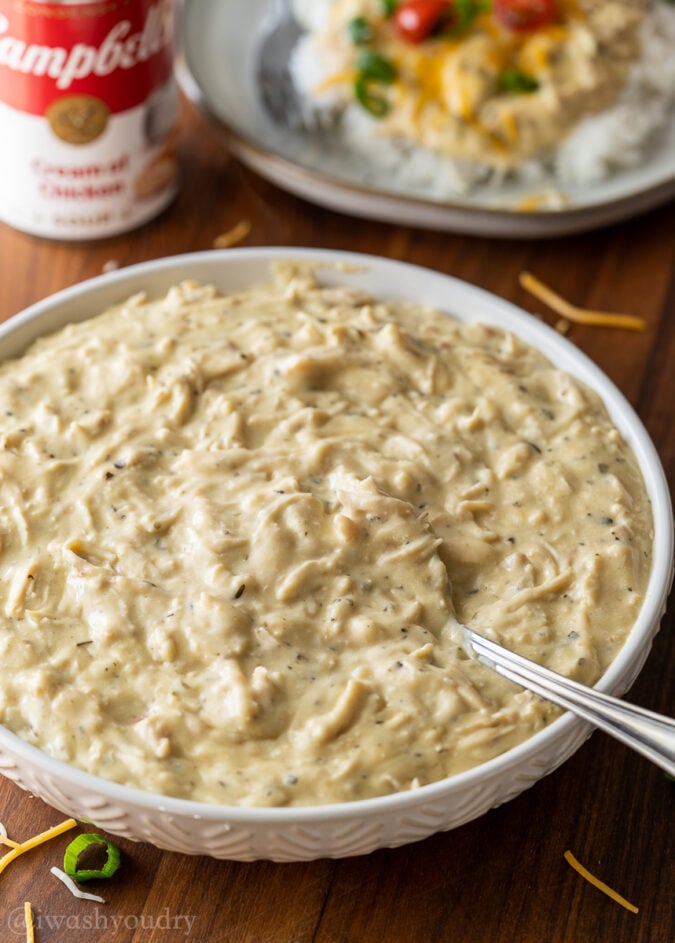 creamy chicken in a bowl with a spoon.