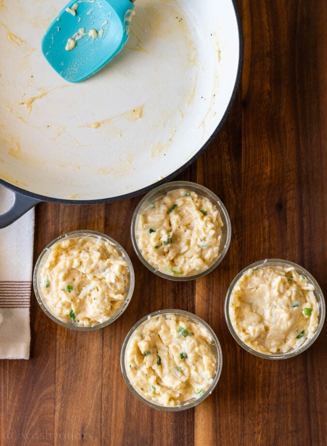 glass cups with potatoes inside.