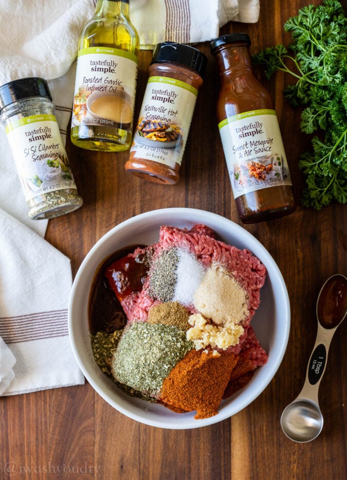 ingredients for bbq meatloaf on wooden surface.