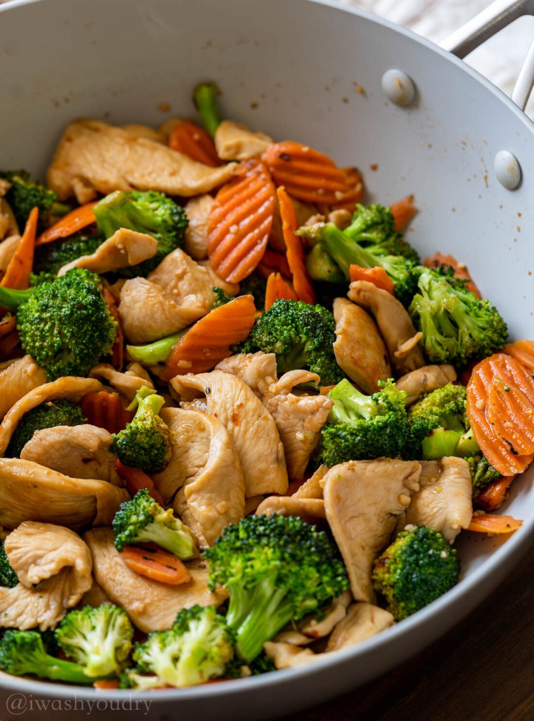 Cooked Broccoli Chicken Stir fry in pan. 