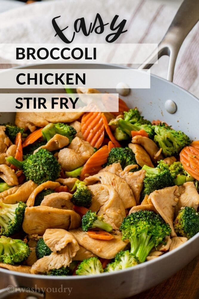 Cooked broccoli chicken stir fry in pan with text overlay. 