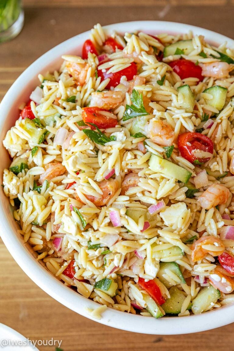 Shrimp Orzo Pasta in white bowl.