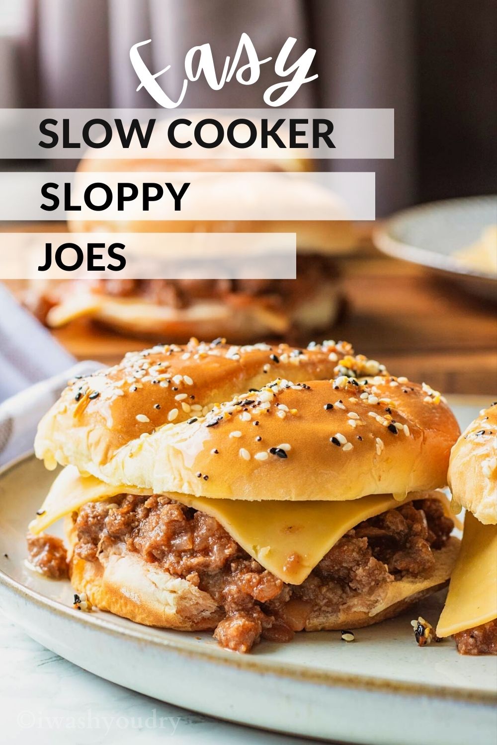 Sloppy Joe with cheddar cheese on white plate with text overlay. 