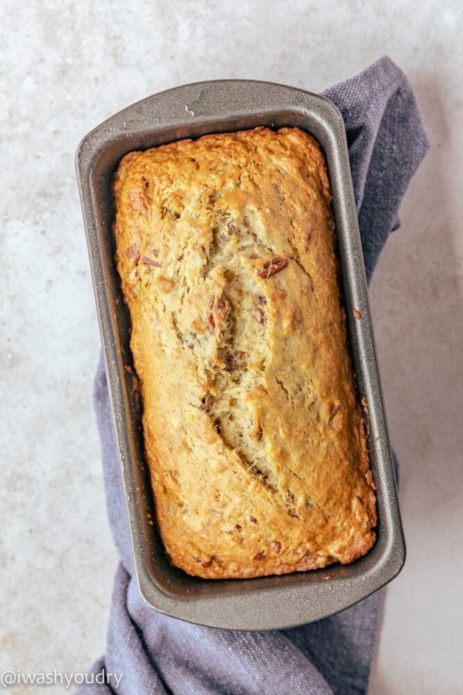 baked banana bread in loaf pan