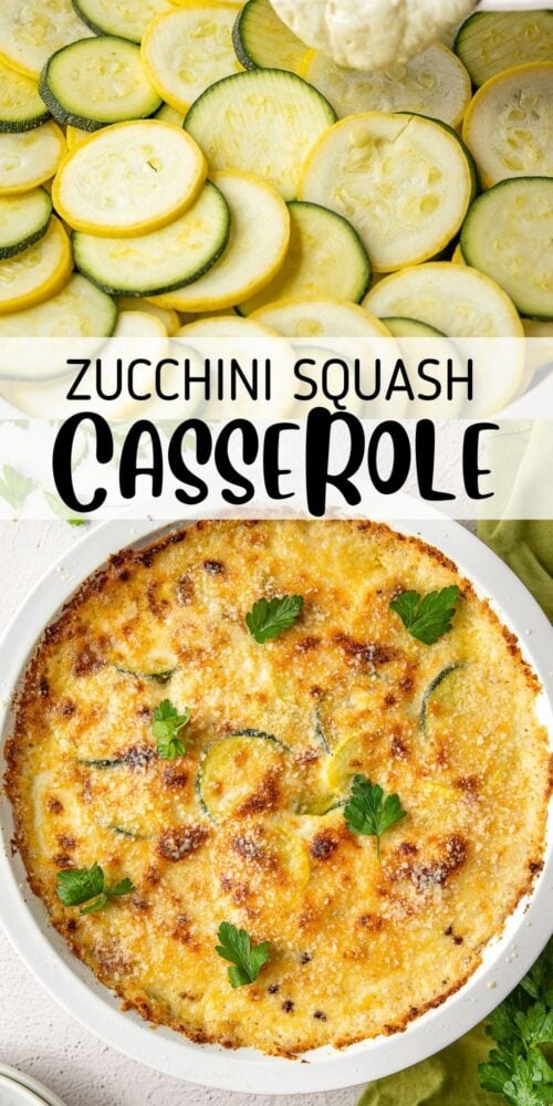 sliced zucchini and squash in casserole with cheese.