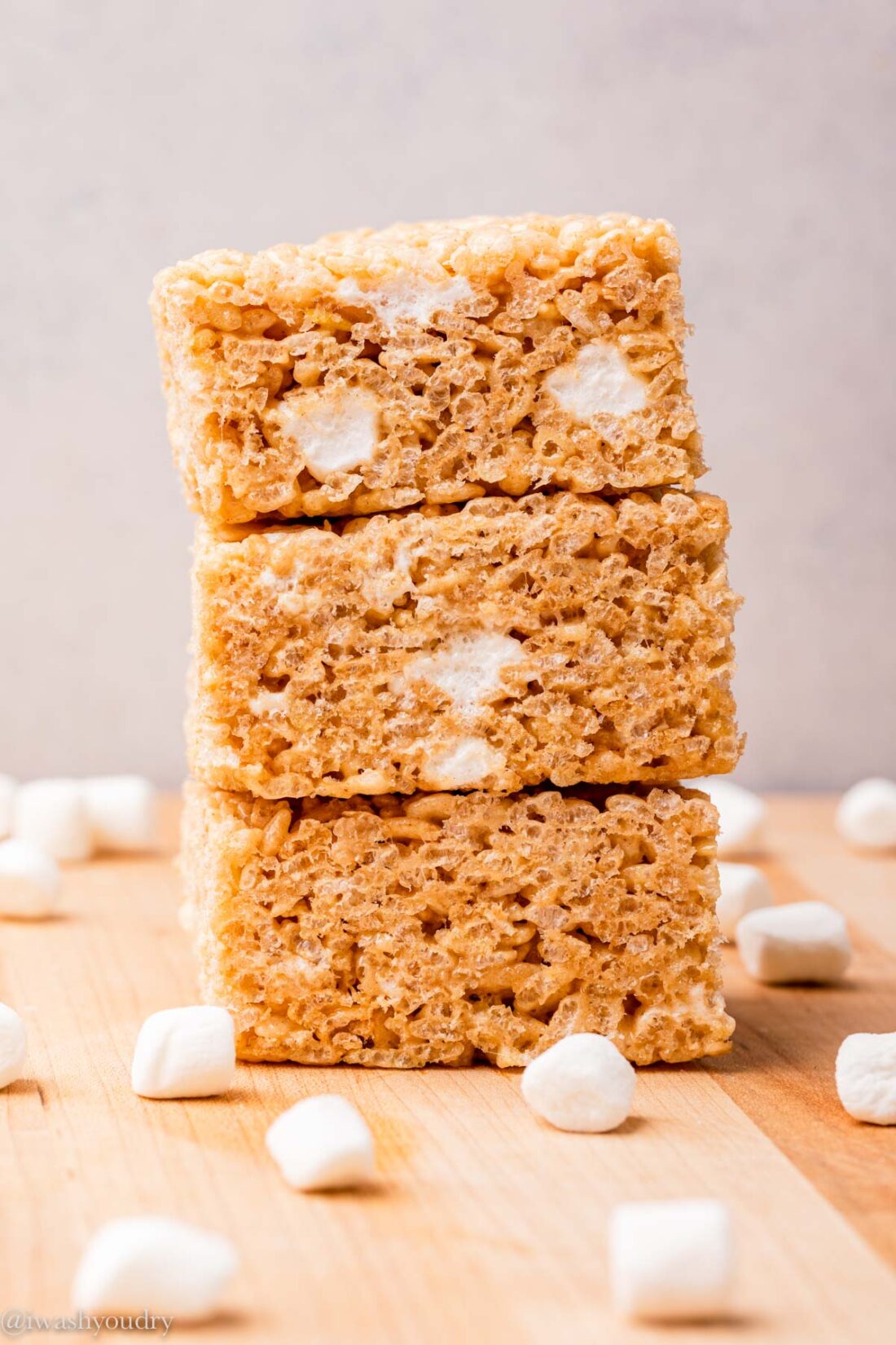 stack of three rice krispie treats with marshmallows