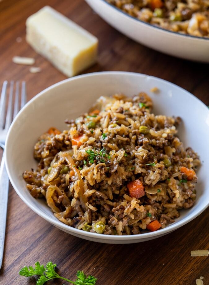 white bowl with rice and ground beef