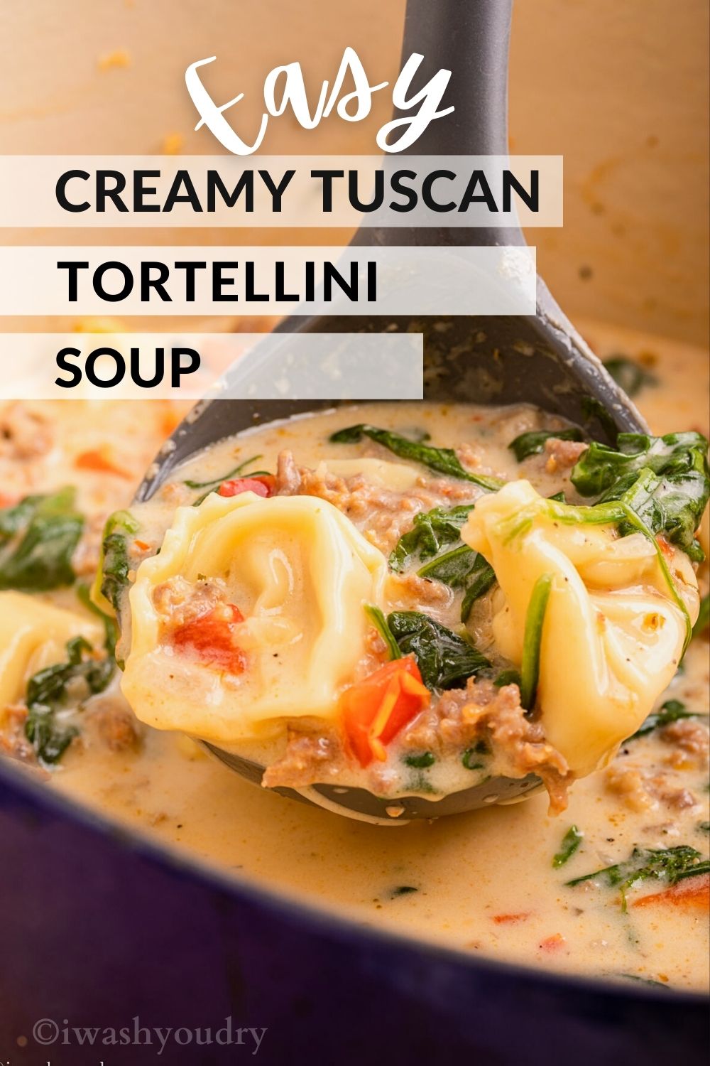 Spoonful of creamy tuscan tortellini soup above pot.