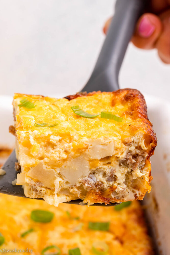 slice of breakfast casserole on spatula