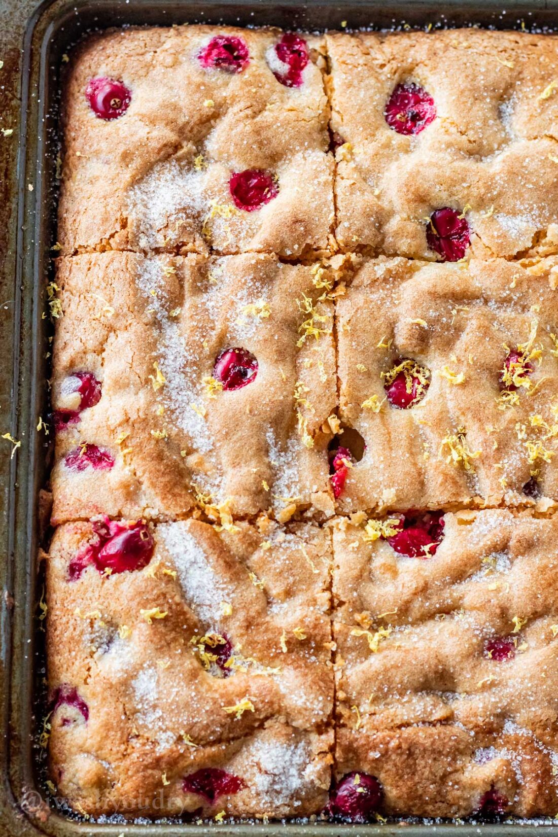 Cranberry buttermilk cake baked, sliced, in a metal pan. 