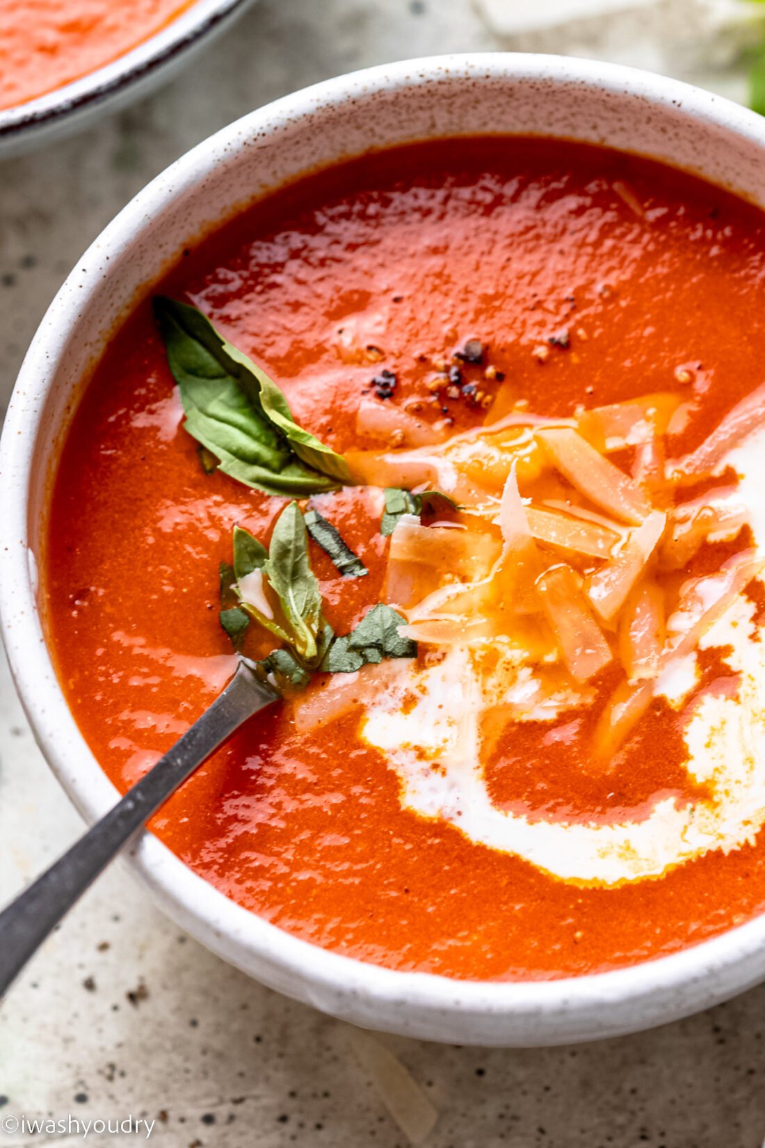 spoonful of tomato soup with fresh basil and parmesan cheese.