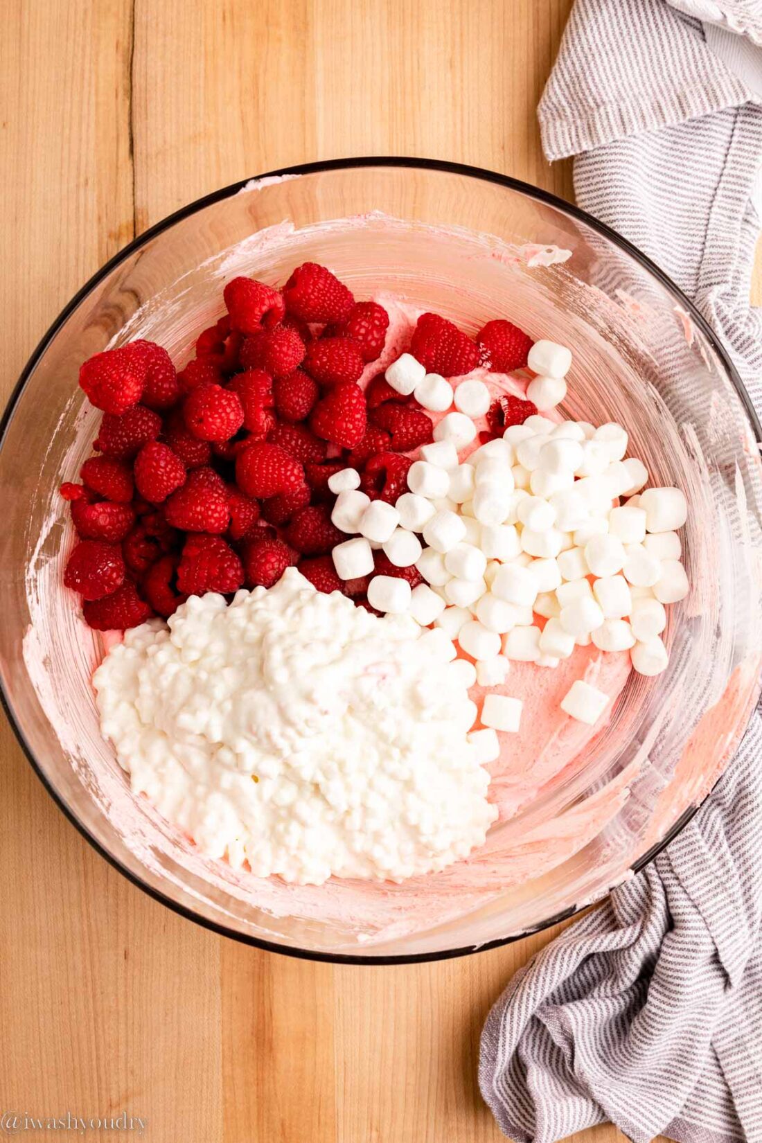 Raspberries, cottage cheese, and marshmallows in jello mixture. 