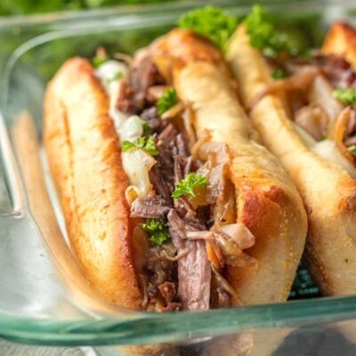 French Dip sandwich in glass pan.