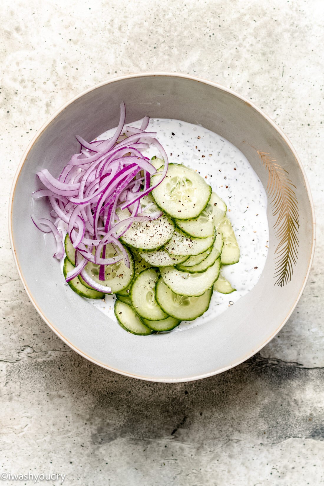 Sliced purple onions and cucumbers in a white bowl. 