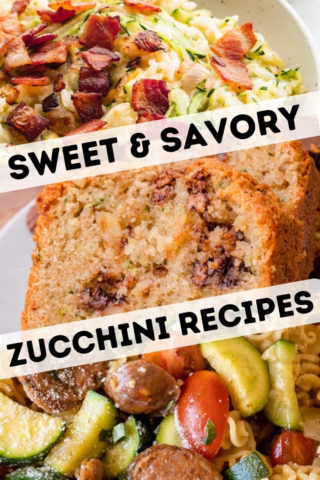 zucchini rice with bacon image over image of zucchini bread with chocolate peanut butter cups. 