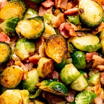 Cooked brussels sprouts and bacon.