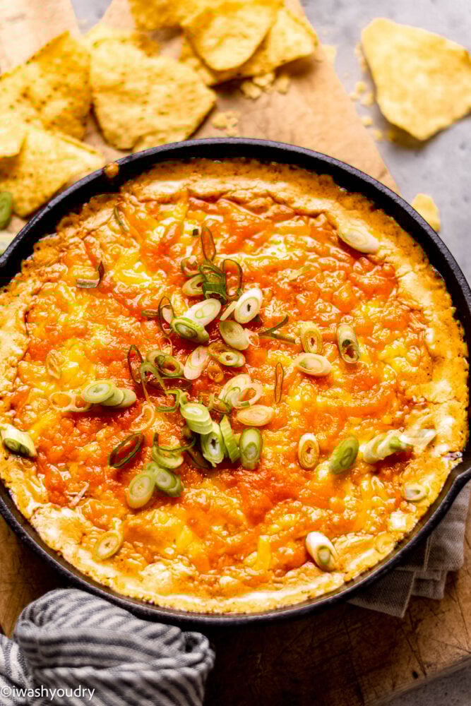 Metal pan of Baked Buffalo chicken dip.