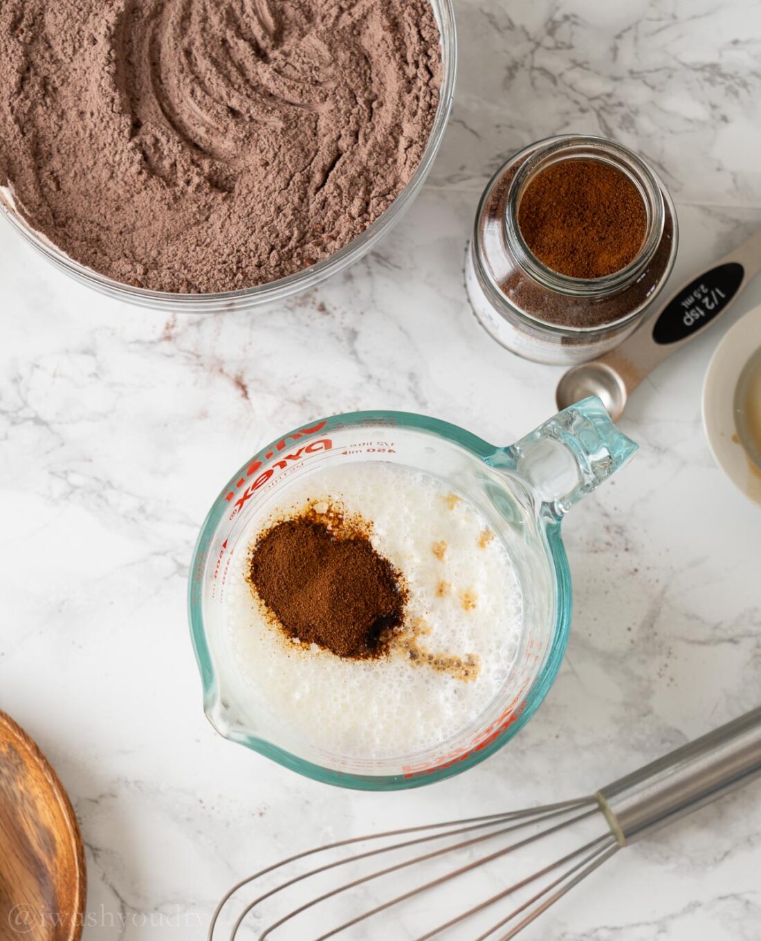 whisking together the buttermilk and espresso powder in a small measuring cup.