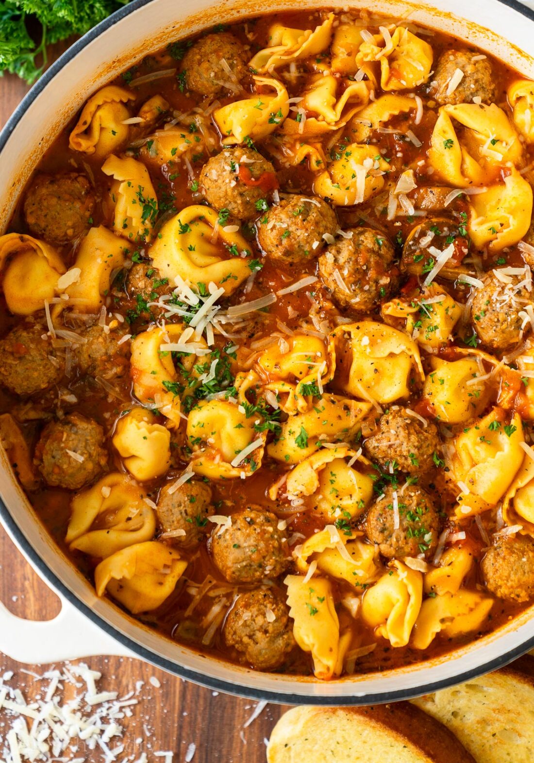 Pot of cooked tortellini meatballs soup.