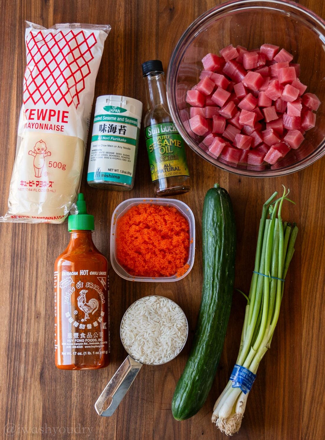 ingredients for ahi poke bowls with kewpie mayo and sriracha.