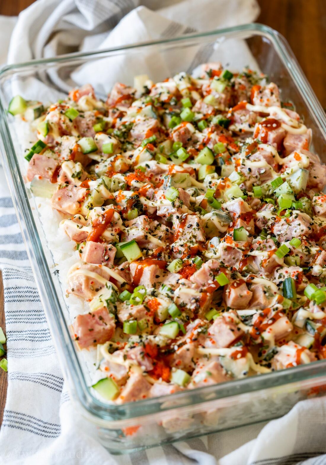 casserole dish filled with poke.