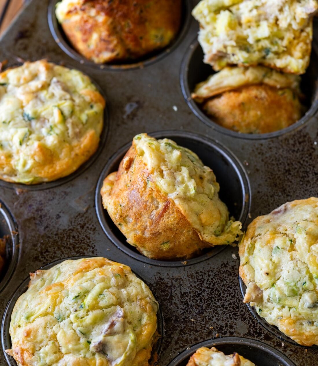 muffin in muffin pan tilted on it's side.