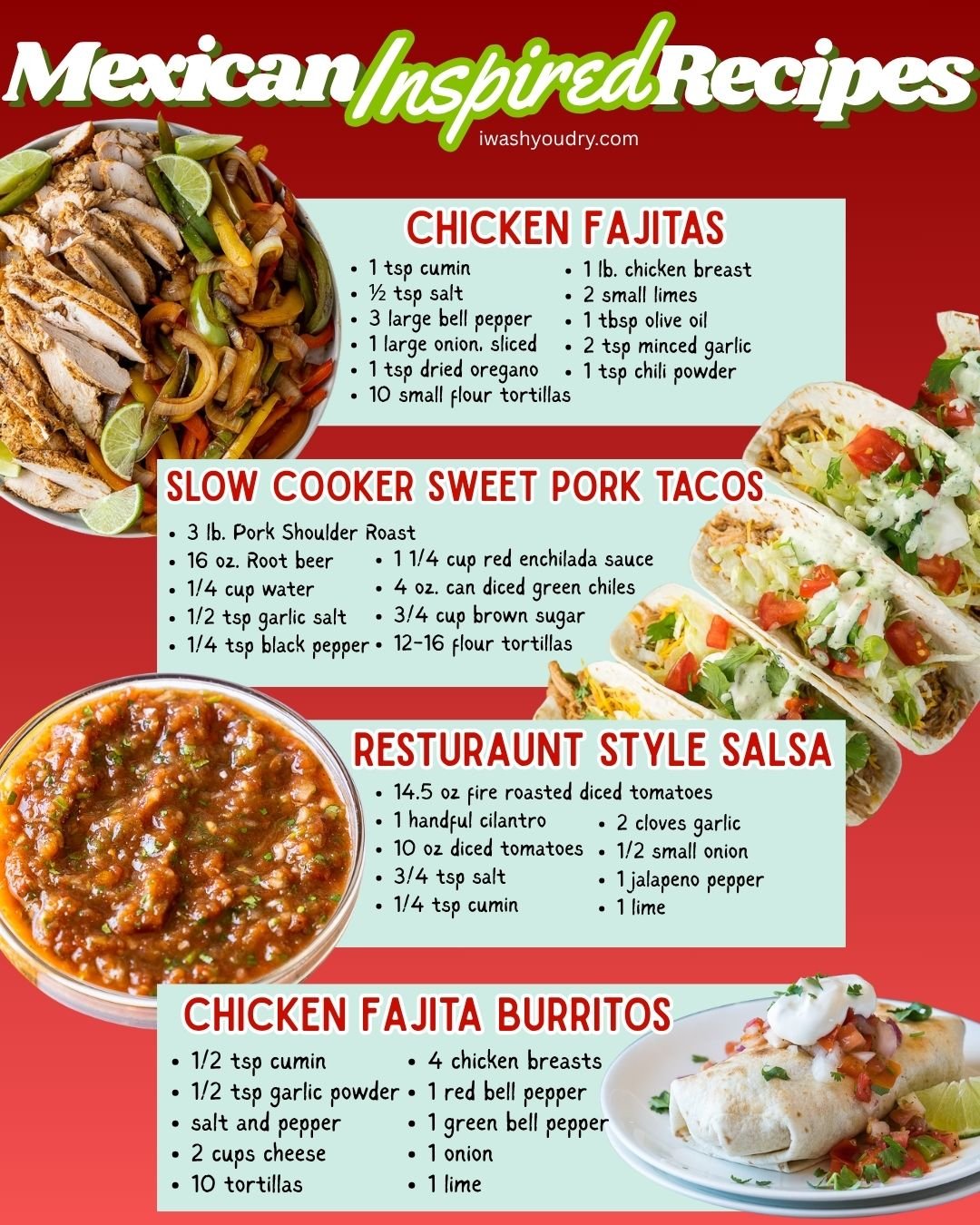 collection of mexican inspired recipes with ingredients listed in picture.