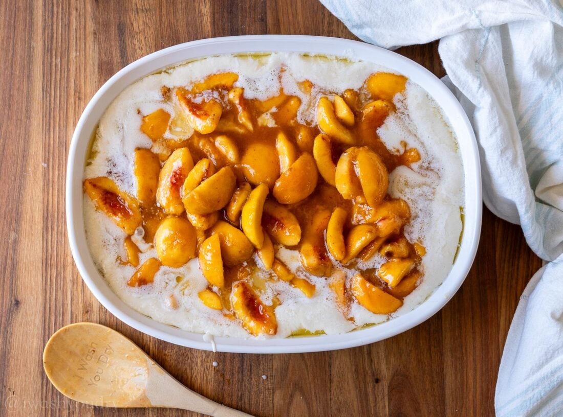 fresh peaches in cobbler batter.
