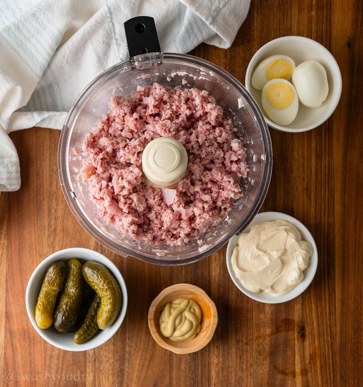 chopped ham in food processor.