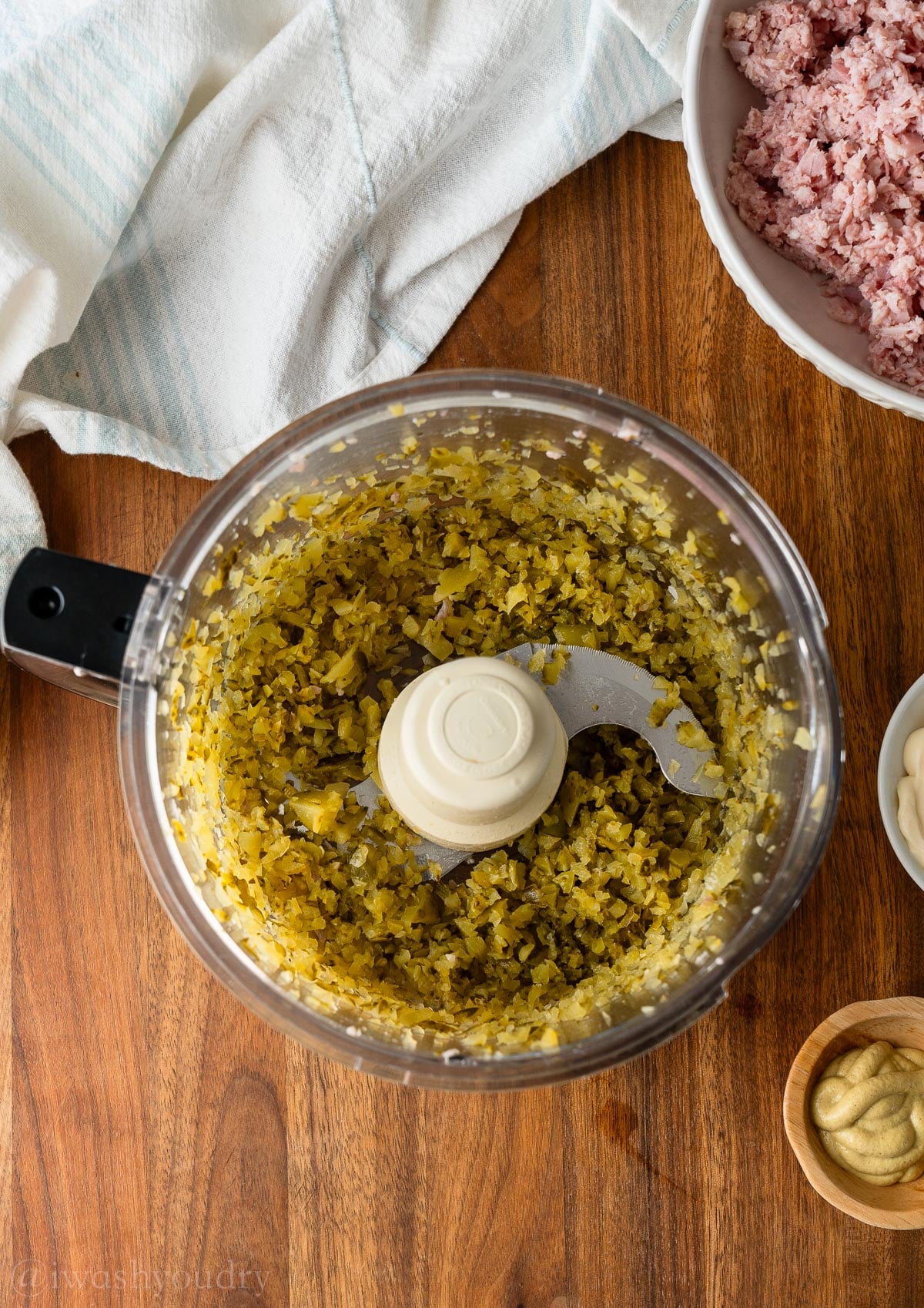 chopped pickles in a food processor.