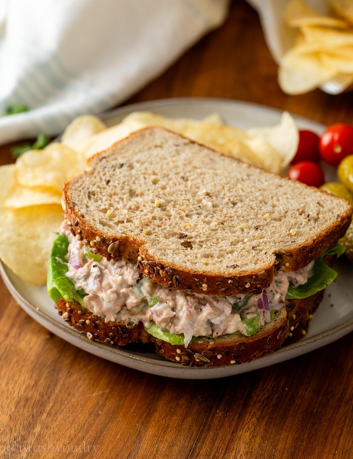 plate with tuna salad sandwich and potato chips.