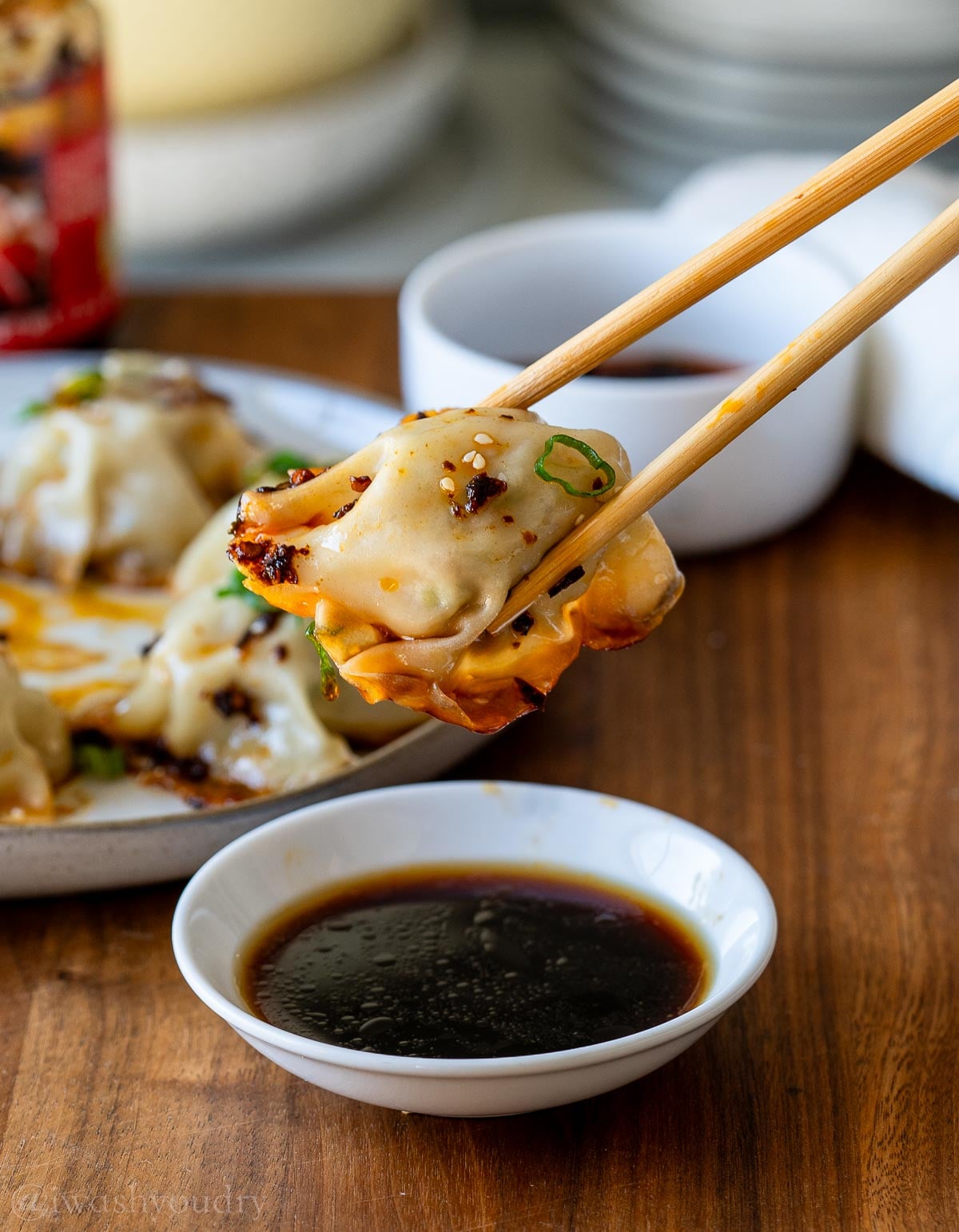 viral blanket dumpling dipped in potsticker sauce.